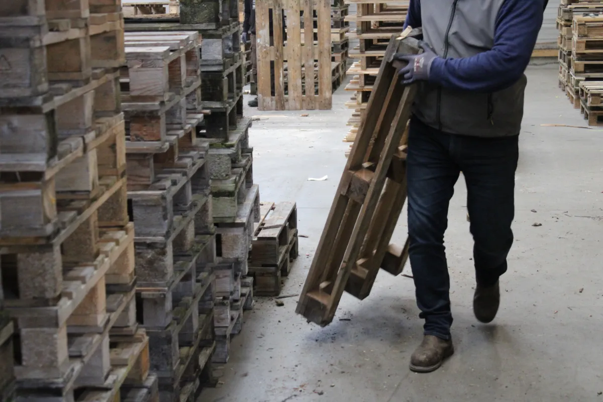 Manutention : opérateur vu de dos portant une palette dans l’entrepôt